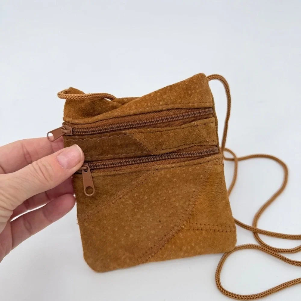 100% Suede Leather Crossbody Bag‎ Patchwork Look Brown Mini Boho Festival Purse